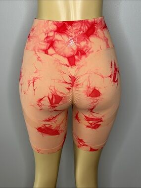 Seamless Tie-Dye High-Waist Shorts - Peach & Red Size M